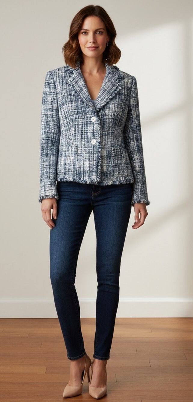 Chadwick’s Tweed Blazer Fringe 2 Button Jacket Tailored Blue White SZ 12